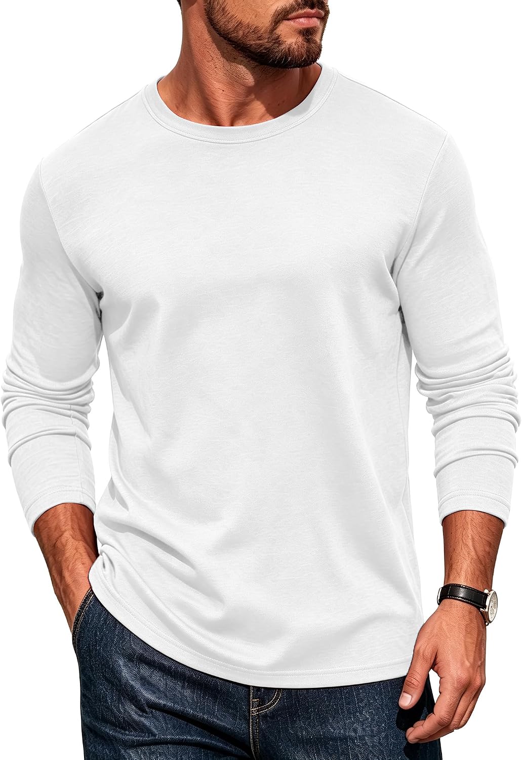 Mens Long Sleeve Tee Shirts Crew Neck Casual Regular Fit Plain - 02 White