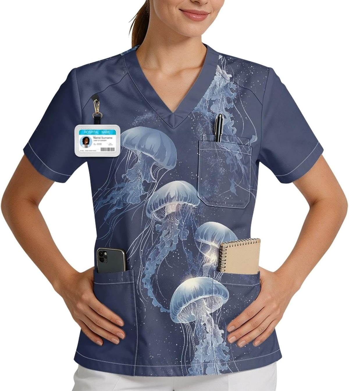 Printed Scrub Top for Women, V Neck Plus Size Work Uniform - Navy Blue - Jellyfish Print