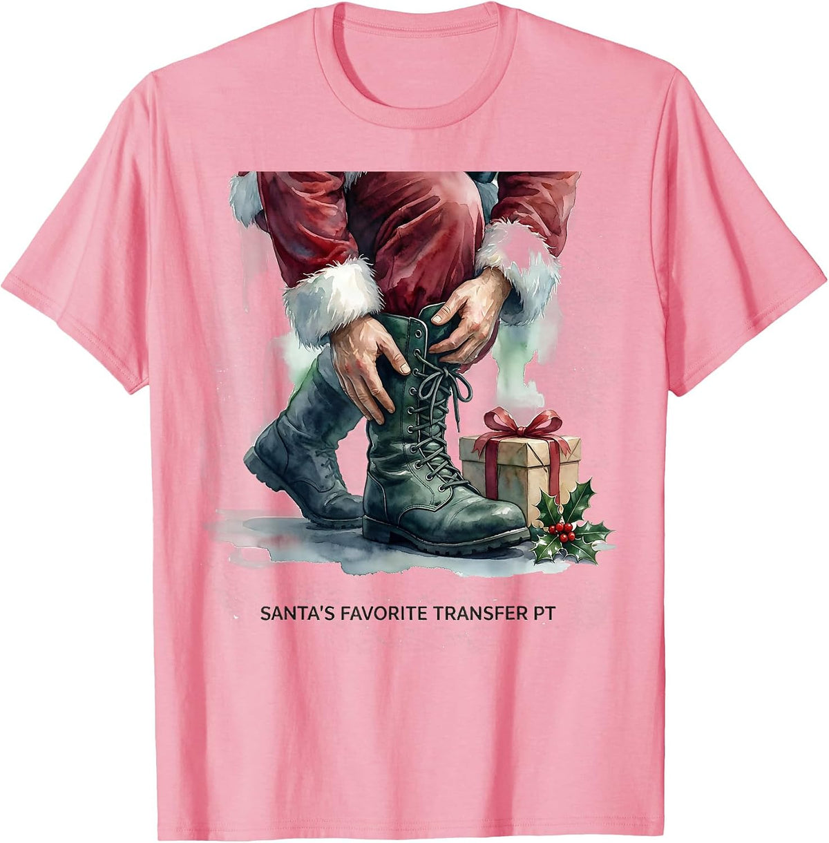 Santa's Favorite Transfer PT Watercolor Physical Therapist T-Shirt - Pink