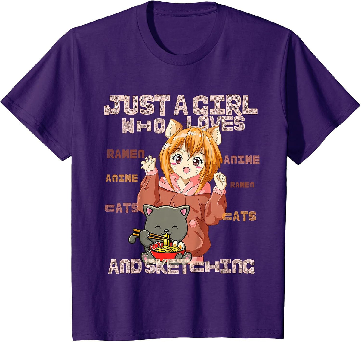 Just a Girl Who Loves Cats, Ramen, Amine and Sketching Manga T-Shirt - Purple