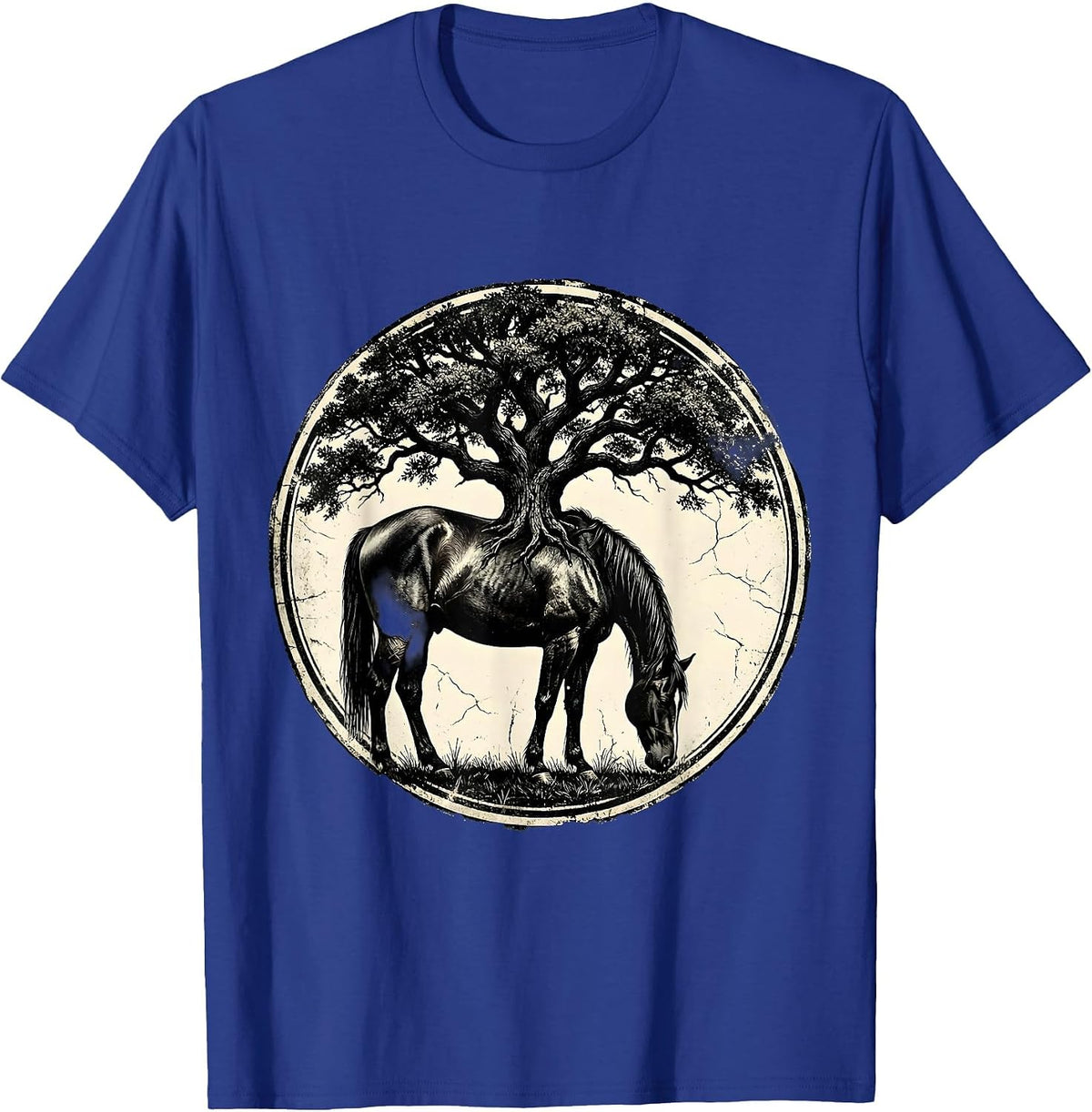 Horse Grazing Under Oak Tree Illustration T-Shirt - Royal Blue