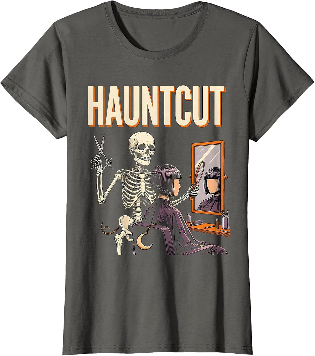 Women's Hauntcut Skeleton Hairstylist Barber Halloween Humor T-Shirt - Asphalt Grey