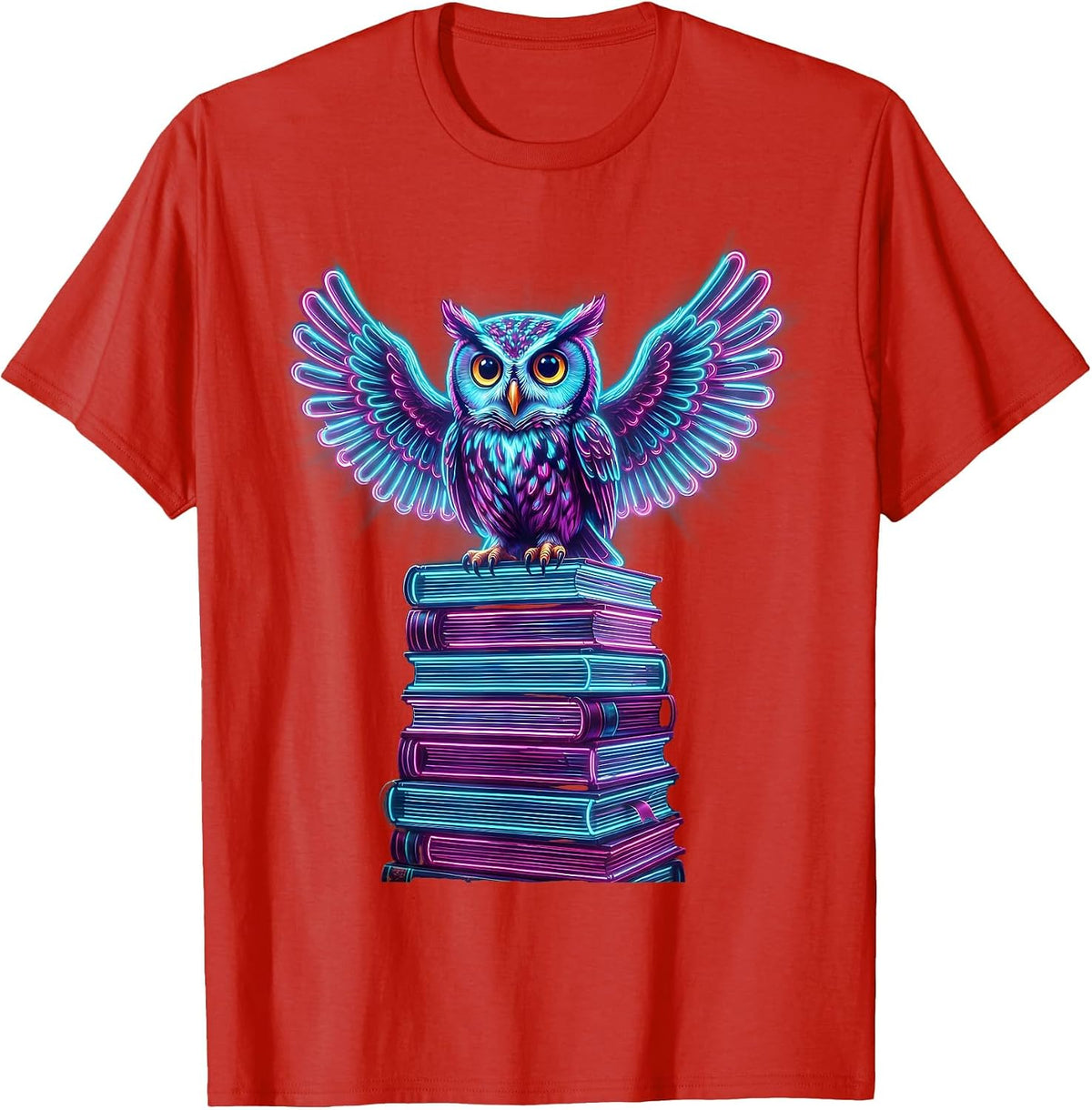 Men's Wise Owl Perched on Towering Stack of Books T-Shirt - Red