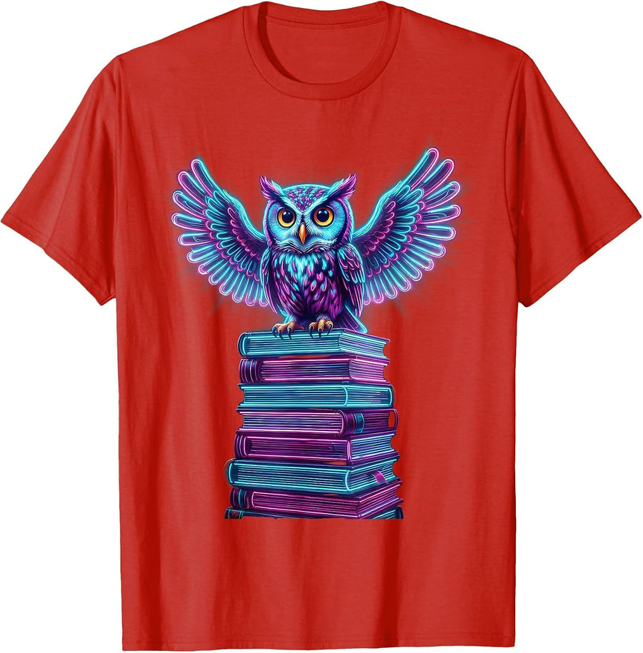 Men's Wise Owl Perched on Towering Stack of Books T-Shirt - Red