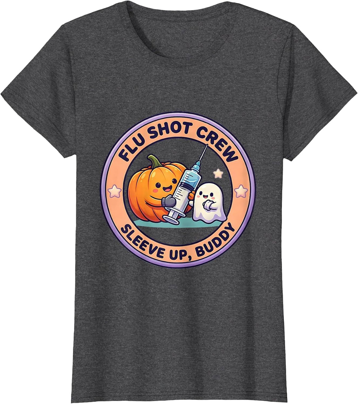 Women's Flu Shot Crew Sleeve Up Buddy Cute Kawaii Halloween Nurse T-Shirt - Dark Heather Grey