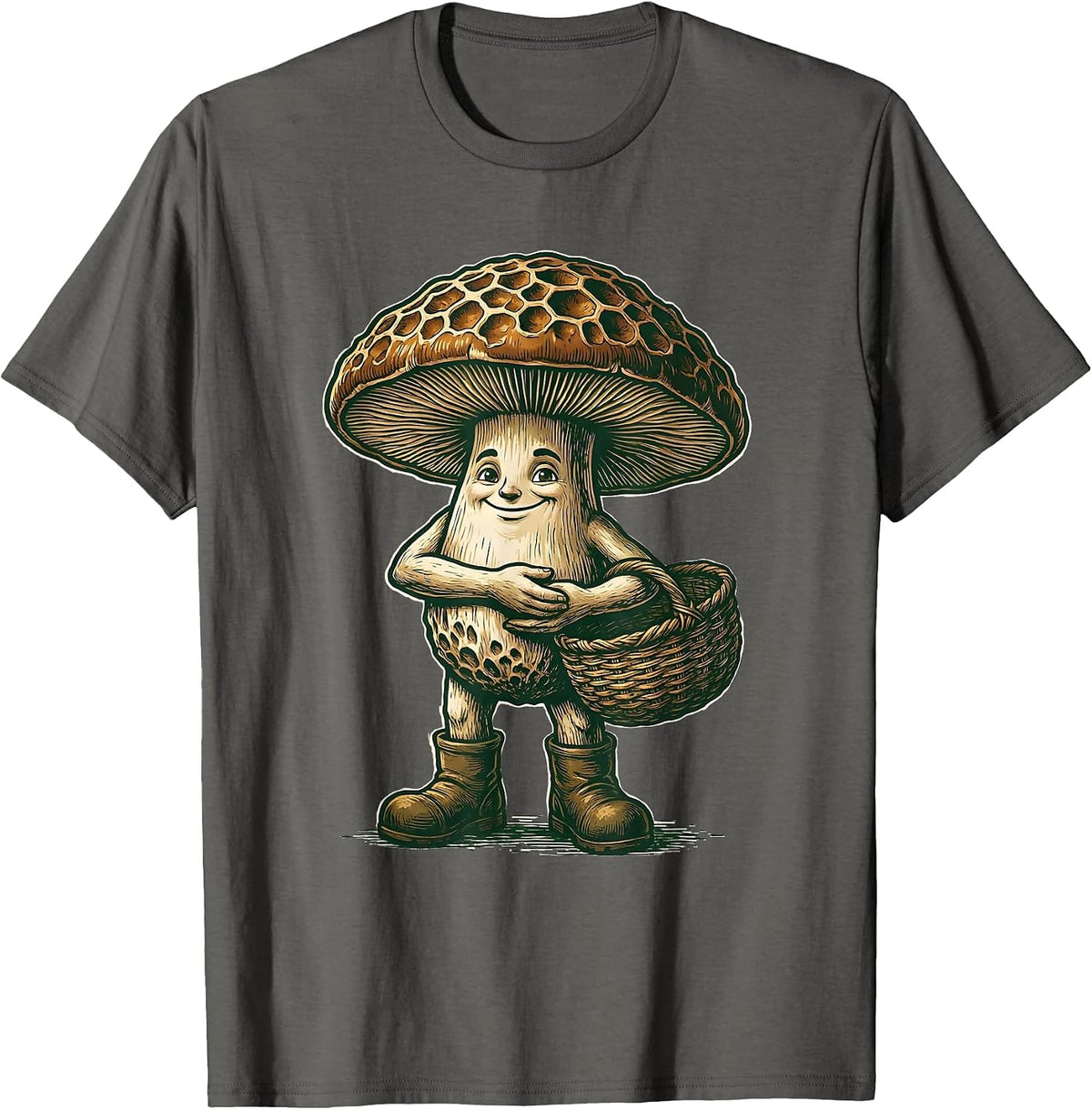 Anthropomorphic Morel Mushroom Forager Humorous Psychedelic T-Shirt - Asphalt Grey