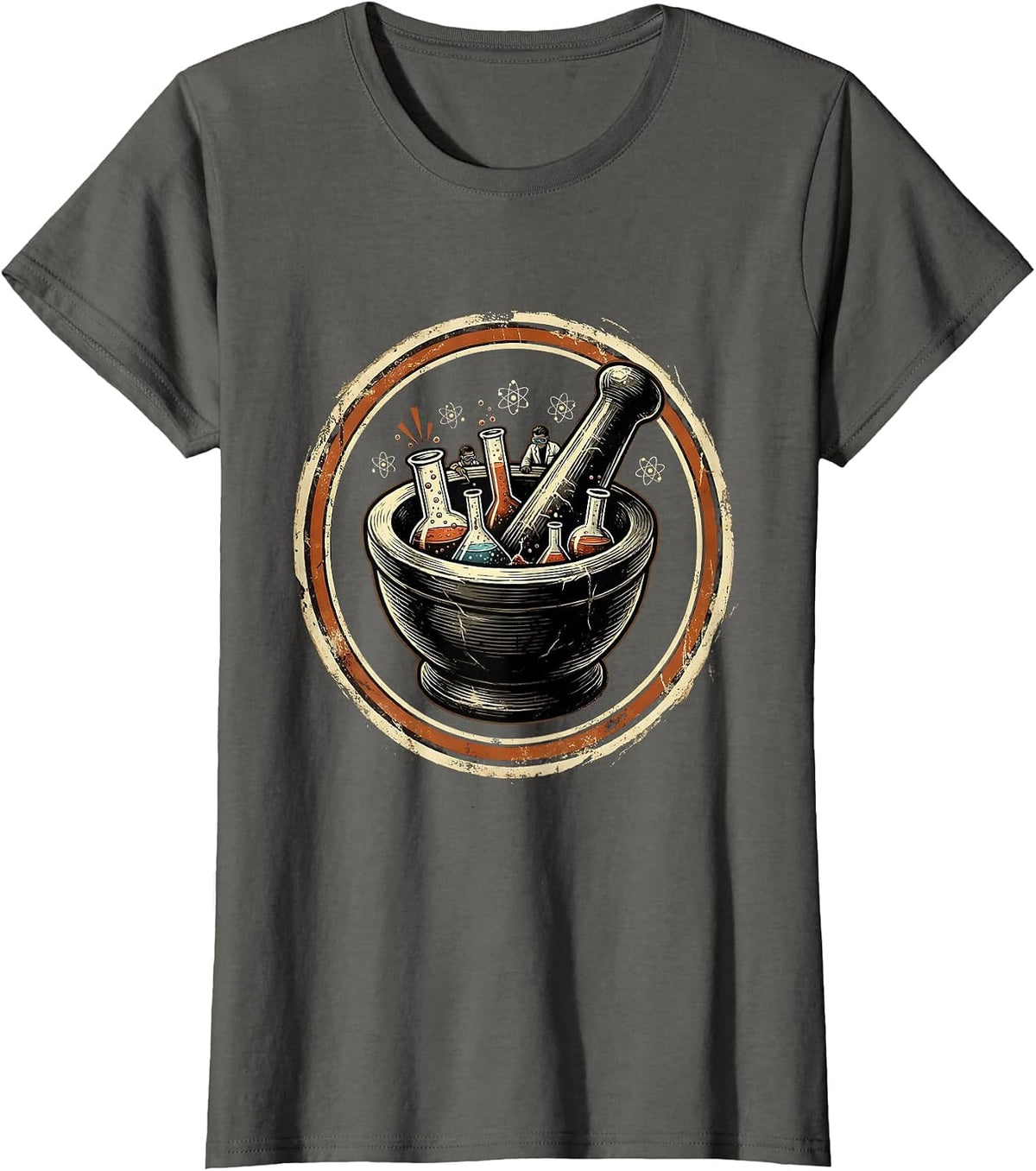 Women's Mortar and Pestle Tiny Scientists Illustration T-Shirt - Asphalt Grey