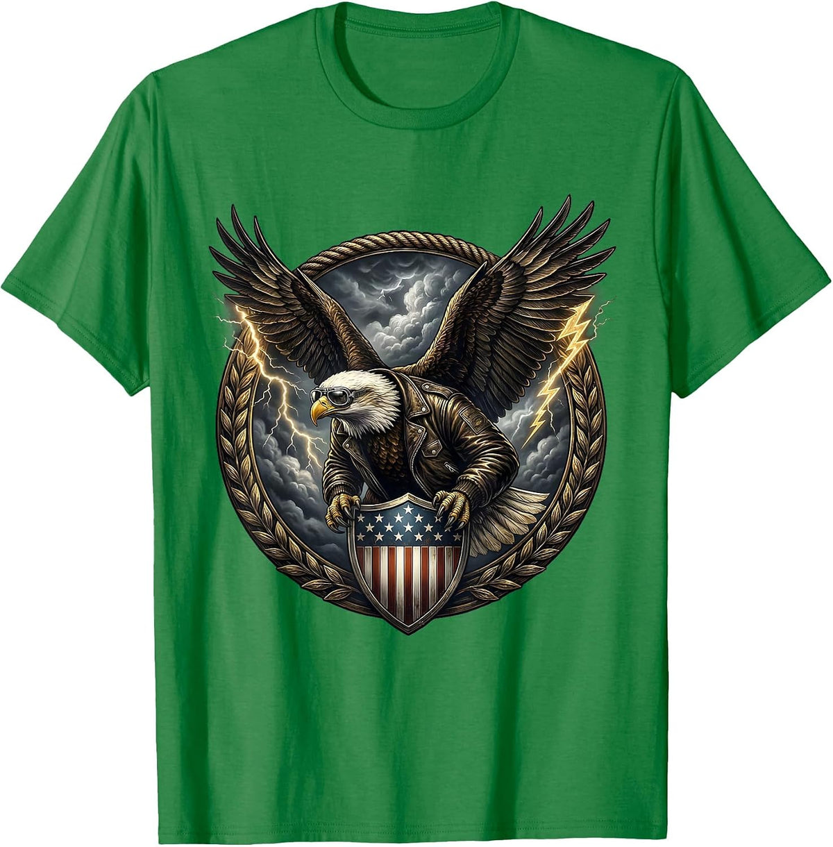 Men's Eagle and Shield Patriotic Stormy Sky Design T-Shirt - Kelly Green