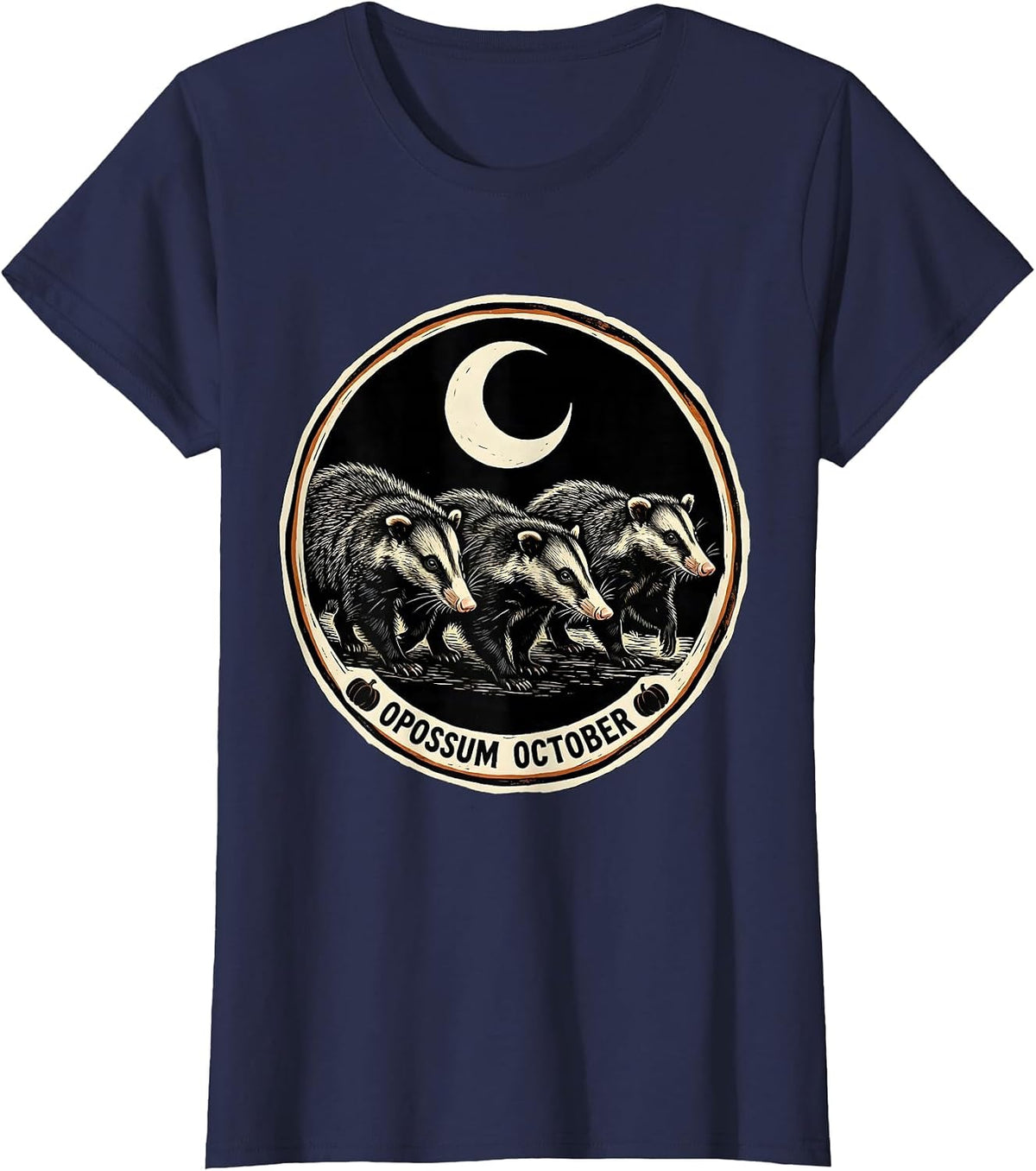 Women's Opossum October Linocut Vintage Spooky Halloween Moon T-Shirt - Navy Blue