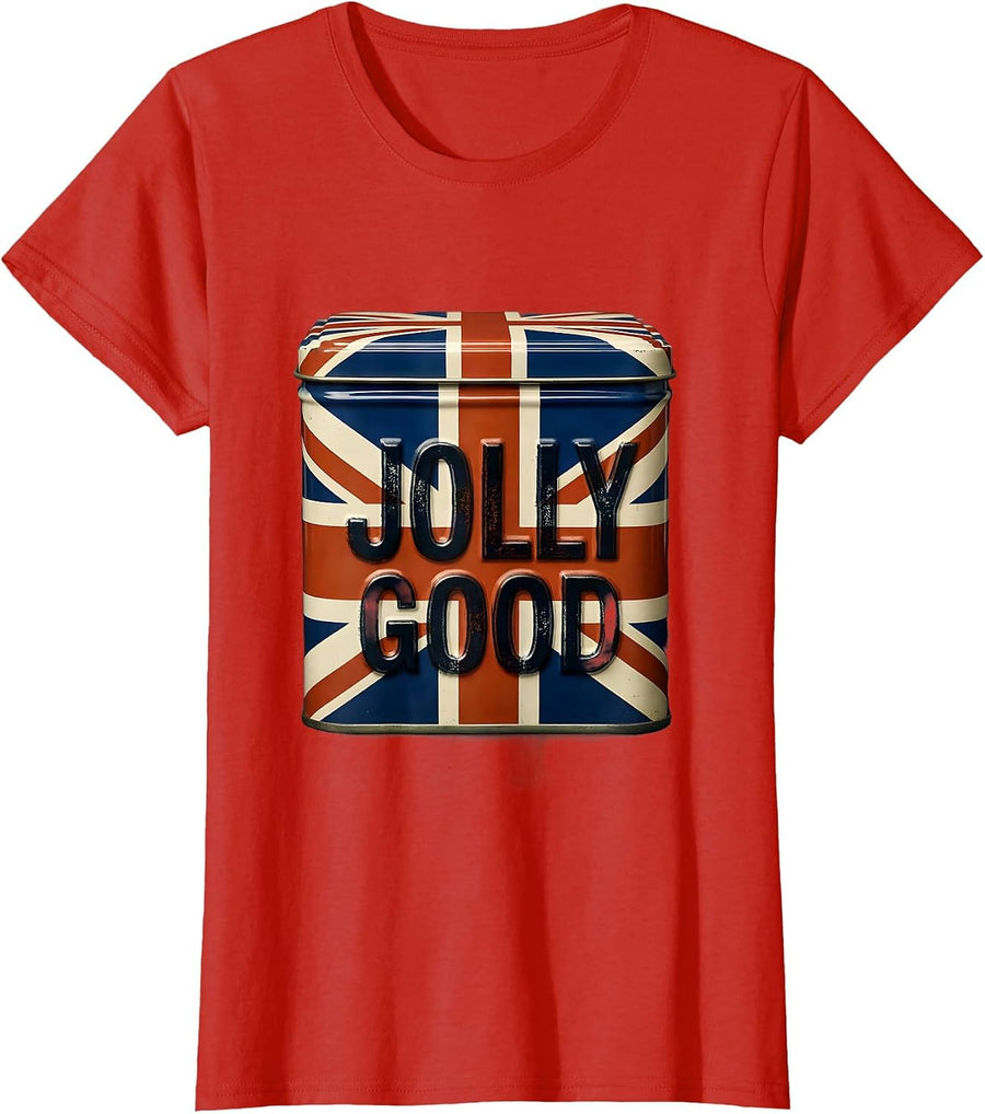 Women's Jolly Good Rubber Stamp Union Jack UK Souvenir Gift T-Shirt - Red