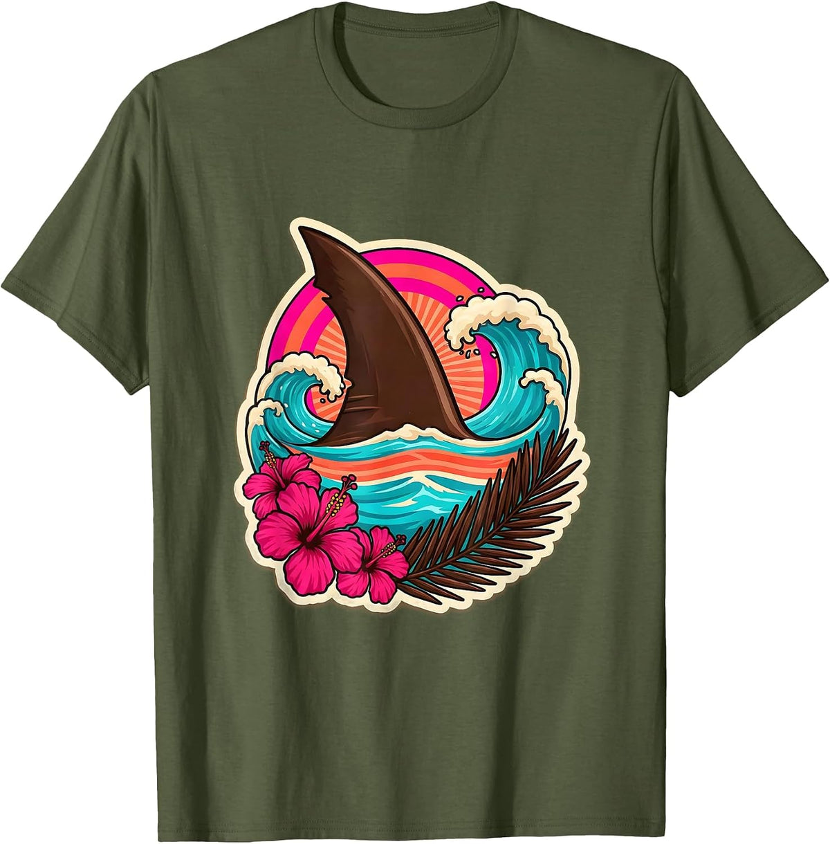 Men's Kids Shark Fin Ocean Waves Hawaiian Design T-Shirt - Olive Green