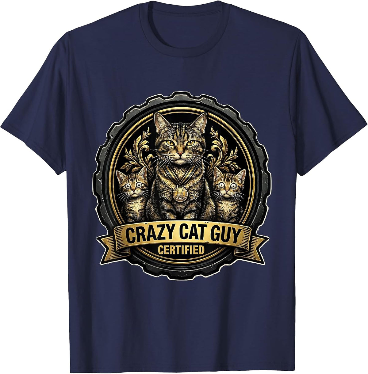 Crazy Cat Guy Certified Funny Cat Design T-Shirt - Navy Blue