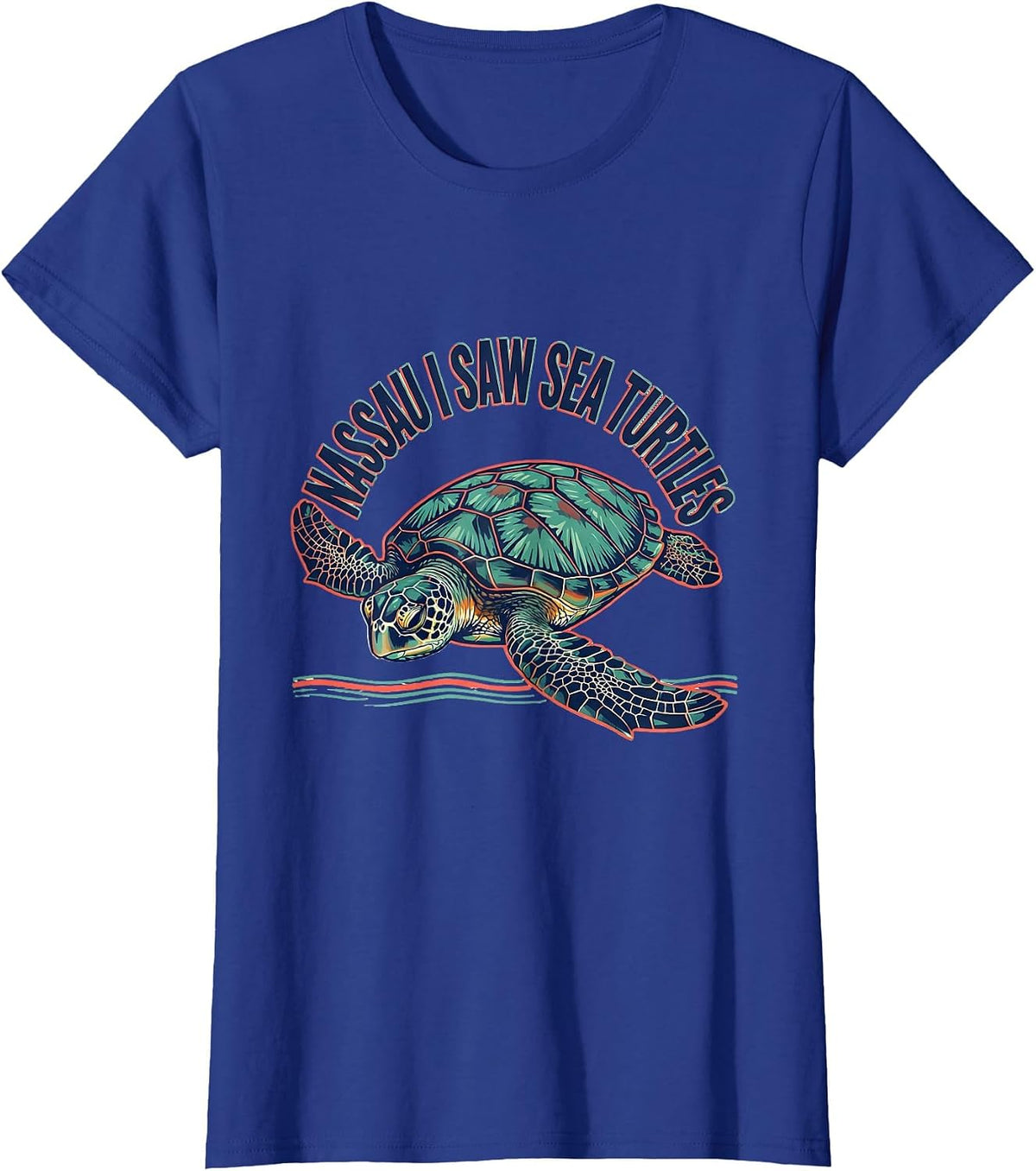 Women's NASSAU I SAW SEA TURTLES Screenprint Tropical Souvenir T-Shirt - Royal Blue