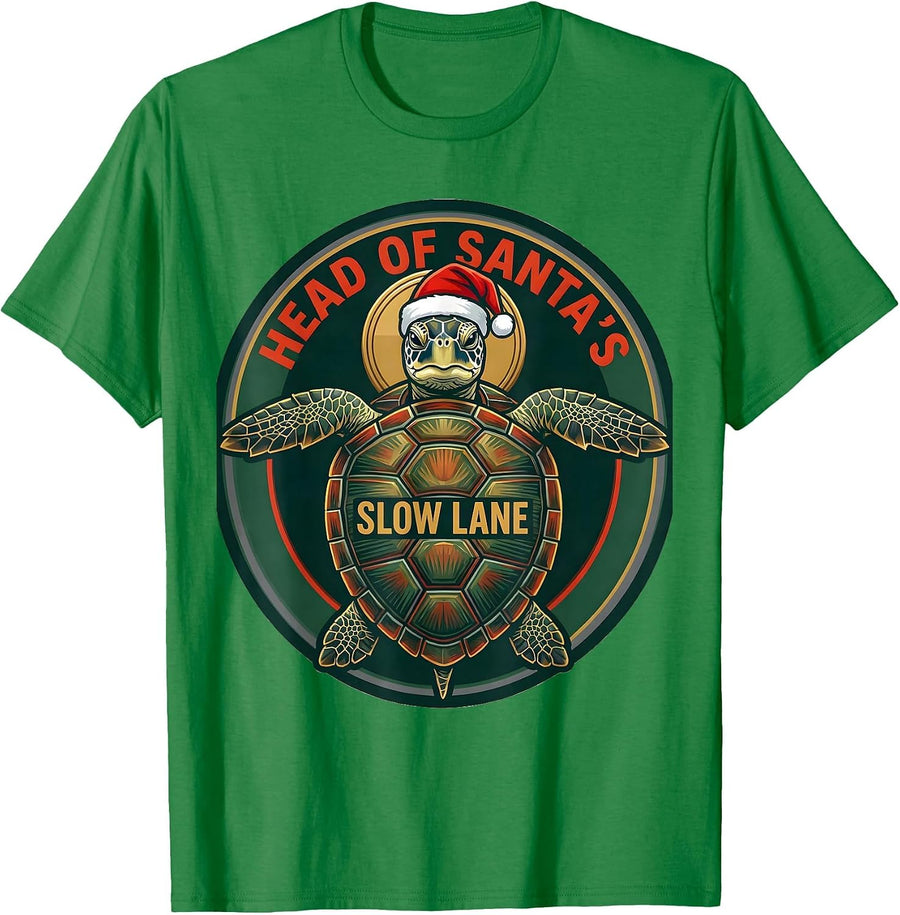 Men's Head of Santa's Slow Lane Whimsical Sea Turtle Christmas T-Shirt - Kelly Green