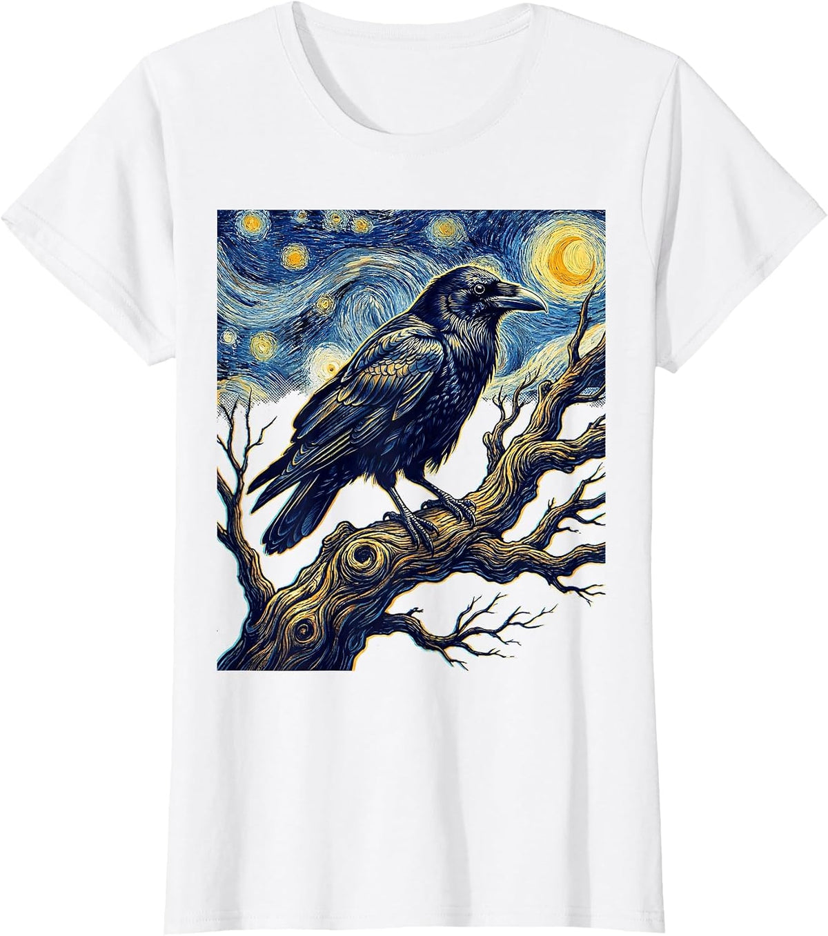 Van Gogh Raven on Winter Branch Graphic T-Shirt - White