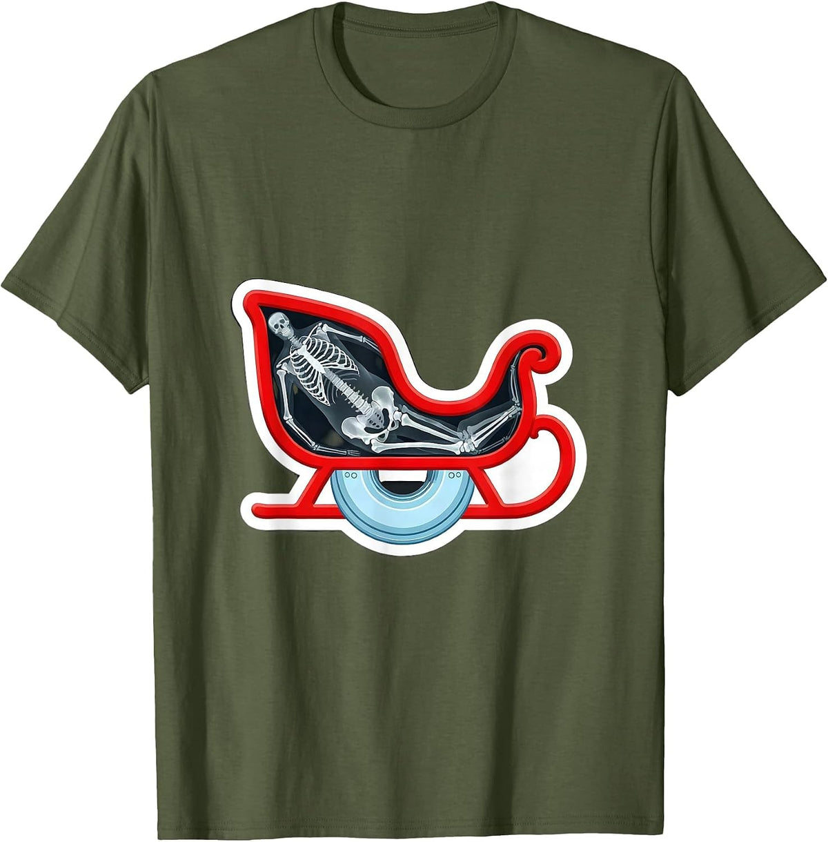 Men's Christmas Sleigh Skeletal Radiology Tech Humor T-Shirt - Olive Green