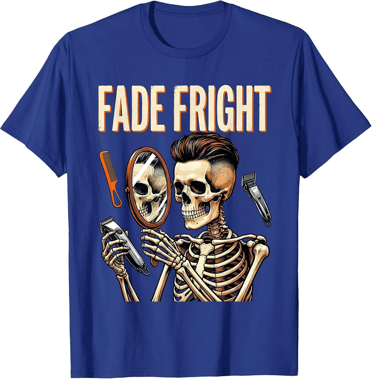 Fade Fright Screenprint Skeleton Barber Halloween T-Shirt - Royal Blue
