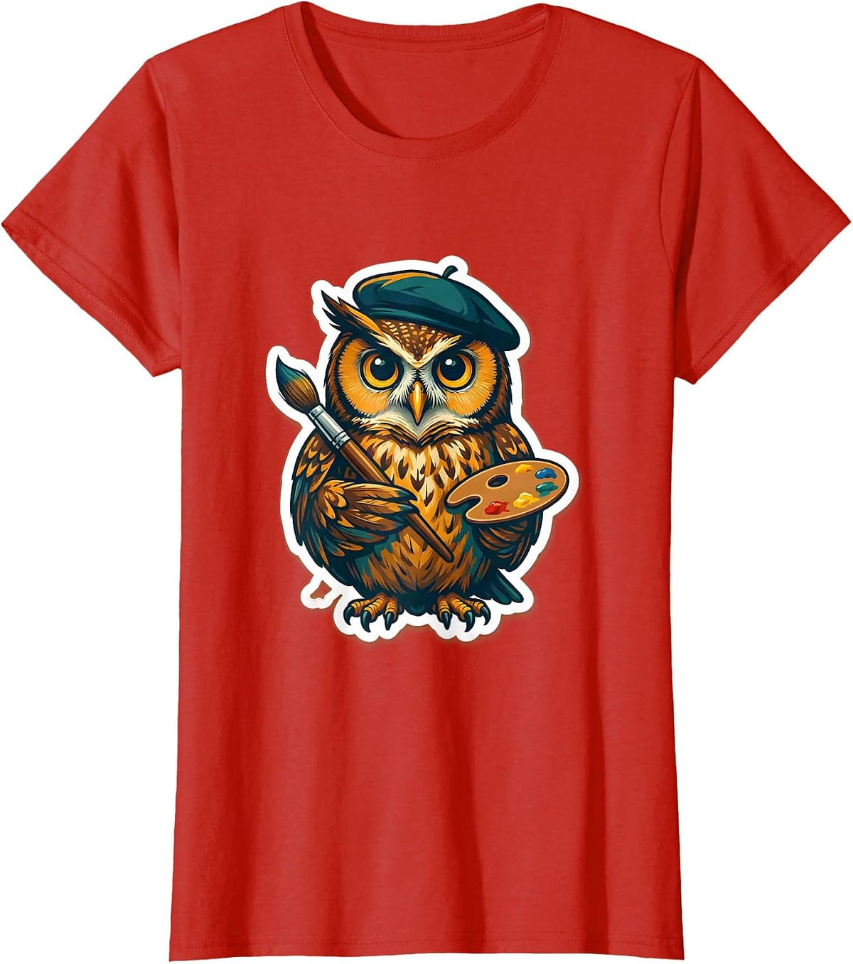 Women's Artistic Owl Painter Beret Paintbrush Design T-Shirt - Red