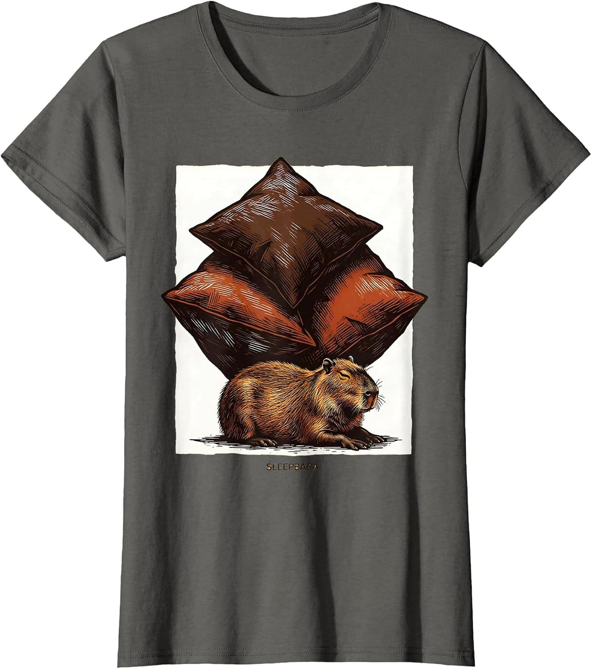 Women's Sleepbara Cute Capybara Sleep Lover Linocut Novelty T-Shirt - Asphalt Grey