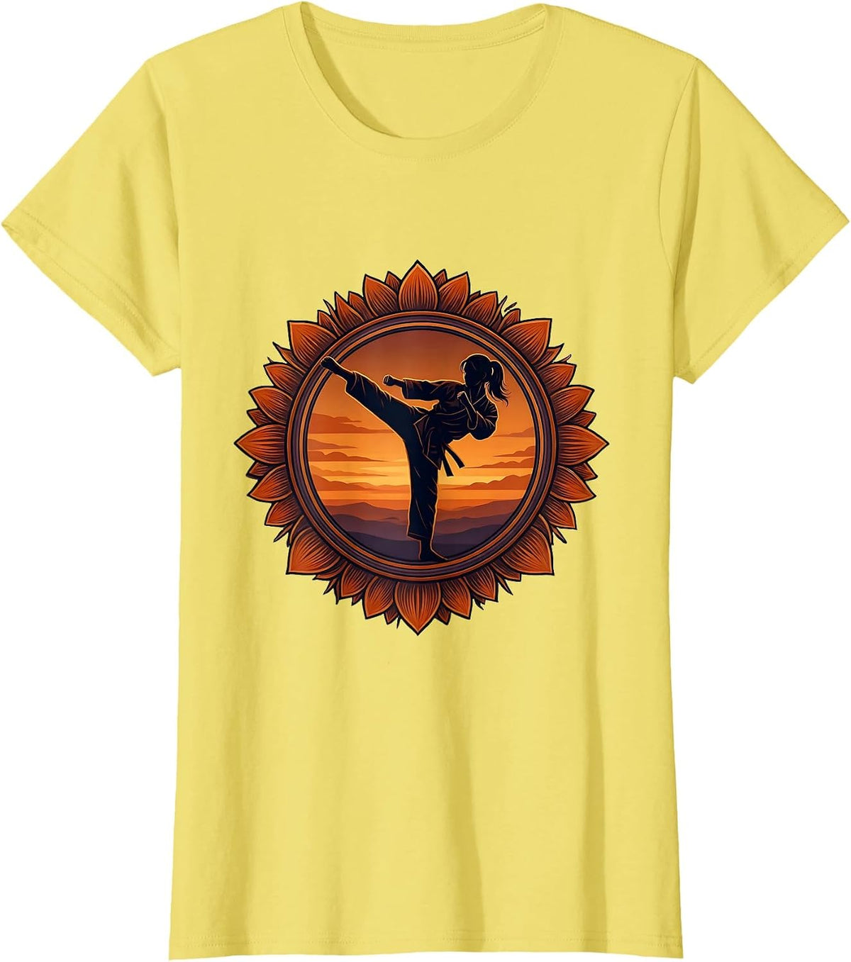 Karate Kick Silhouette Dusk Martial Arts Design T-Shirt - Lemon Yellow