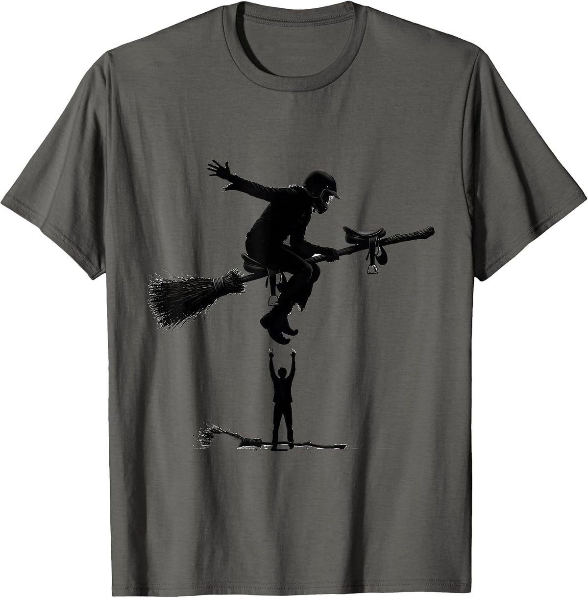 Men's Flying Broom Firefighter Halloween Occupation Humor T-Shirt - Asphalt Grey