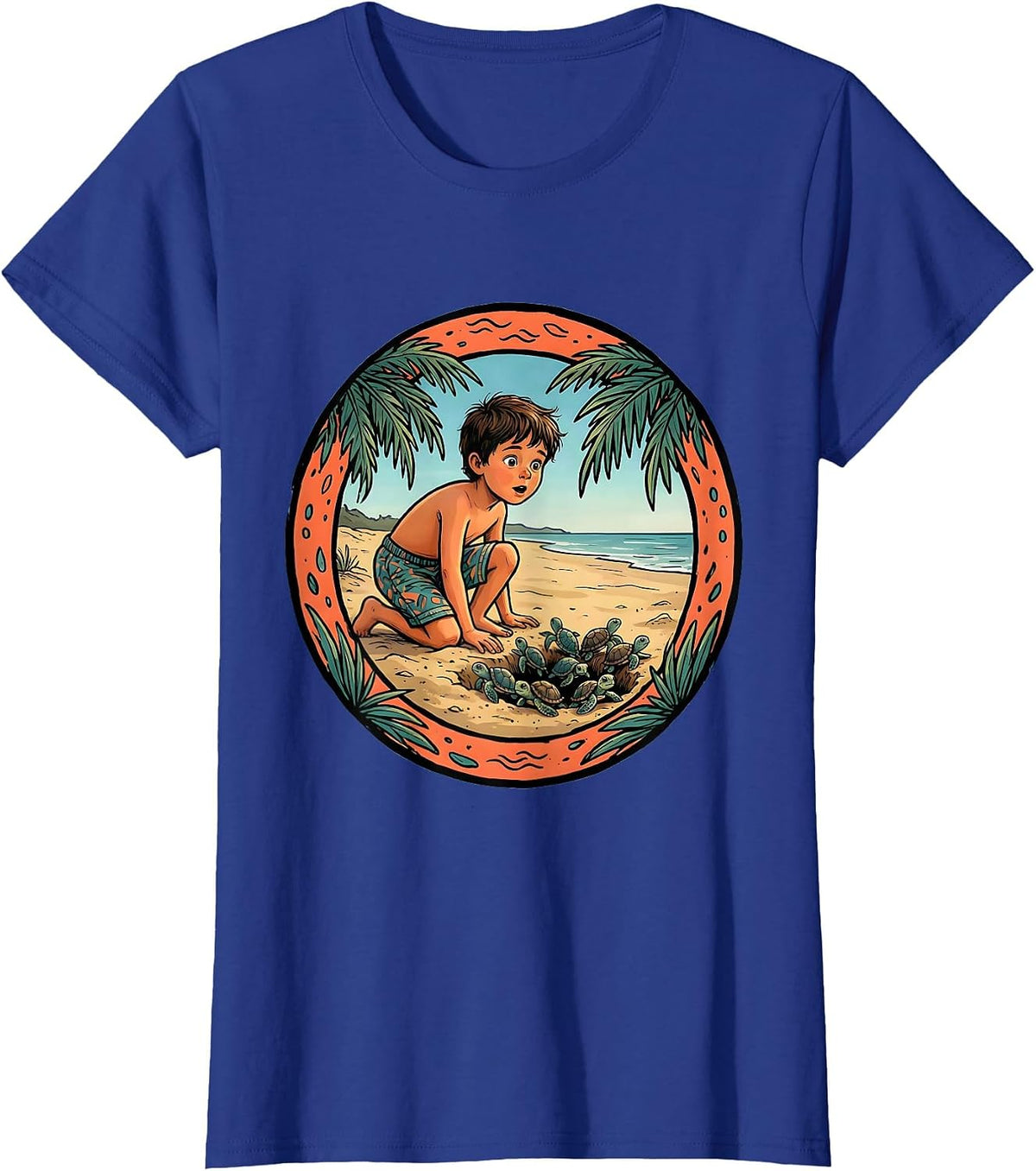 Women's Kids Sea Turtle Hatchling Beach Scene Graphic T-Shirt - Royal Blue