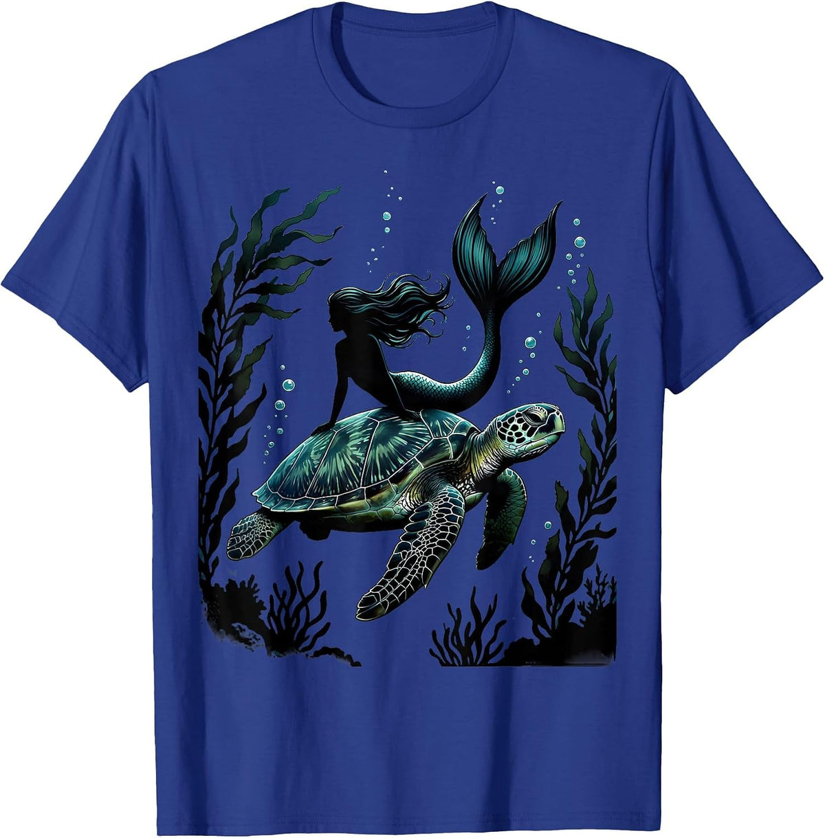 Mermaid Riding Giant Sea Turtle Underwater Art T-Shirt - Royal Blue