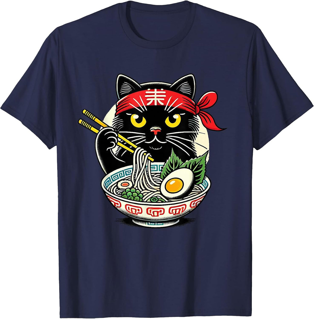 Cat Eating Ramen Noodles, Japanese Anime & Kawaii, Black Cat T-Shirt - Navy Blue
