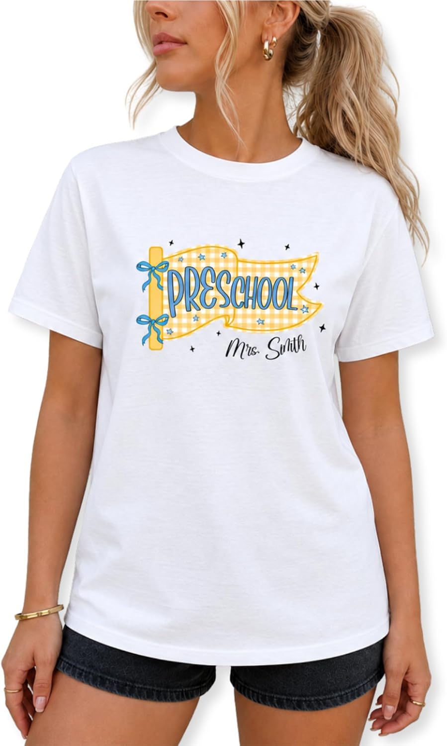 Custom Teacher T-Shirt, Grade & Name Pennant Flag Tee - Pre School
