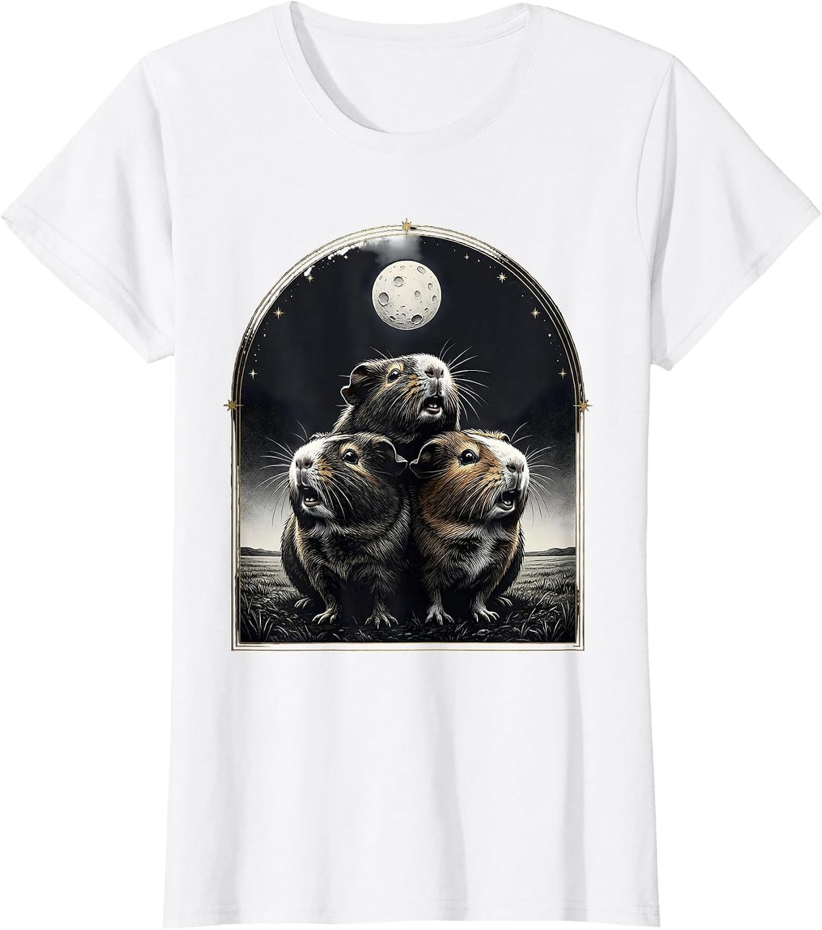 Women's Three Guinea Pigs Moon Howling Meme Humor T-Shirt - White