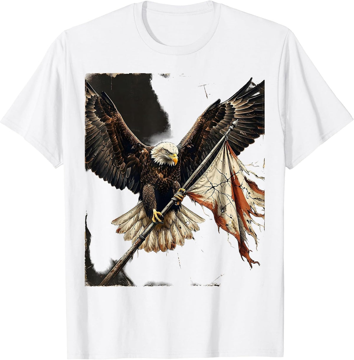 Men's Eagle Clutching Flag Pole Patriotic Illustration T-Shirt - White