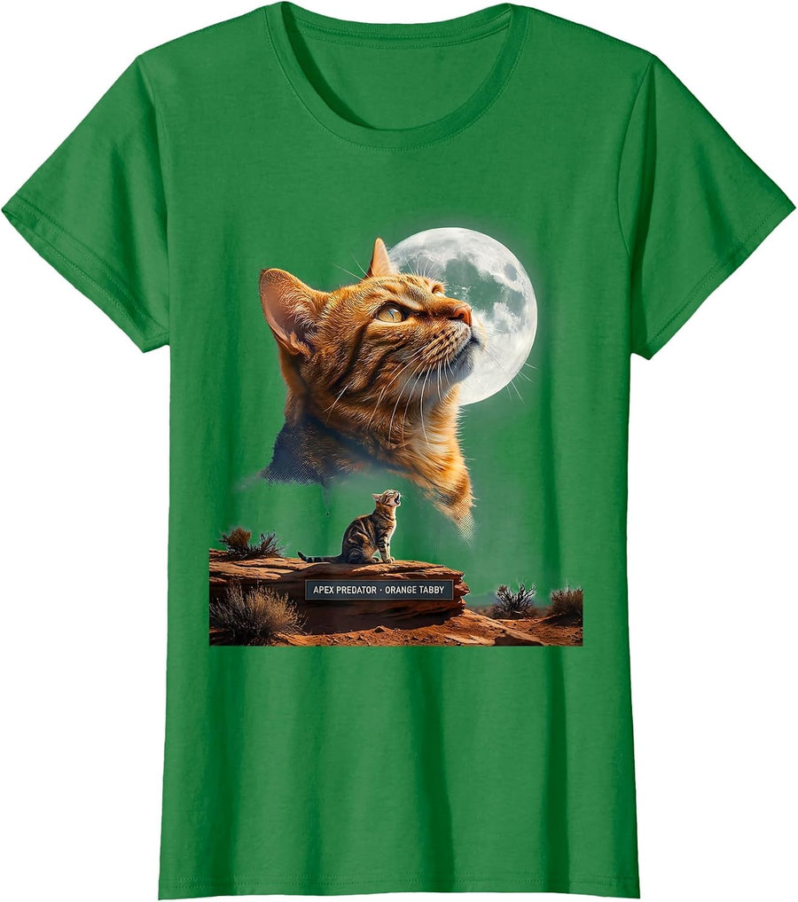 Women's Apex Predator Orange Tabby Cat Howling at Moon 90's Retro T-Shirt - Kelly Green