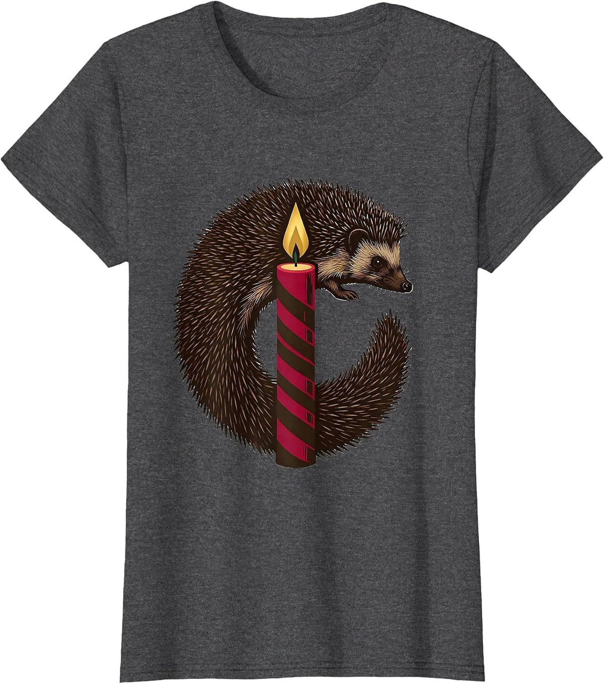 Women's Curled Hedgehog Quills Christmas Candle Cute Novelty Gift T-Shirt - Dark Heather Grey