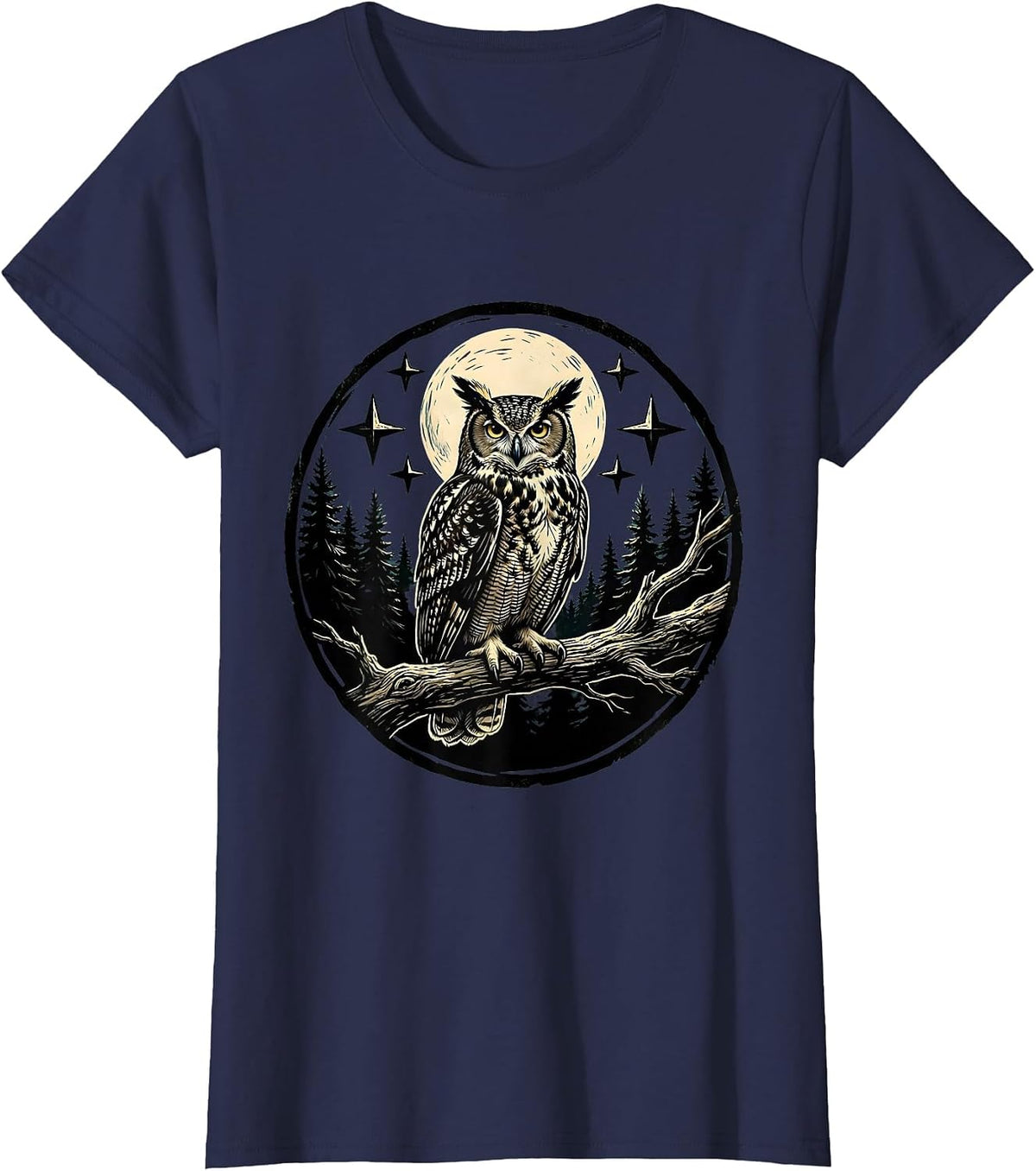 Women's Owl on Branch Starry Night Forest Illustration T-Shirt - Navy Blue
