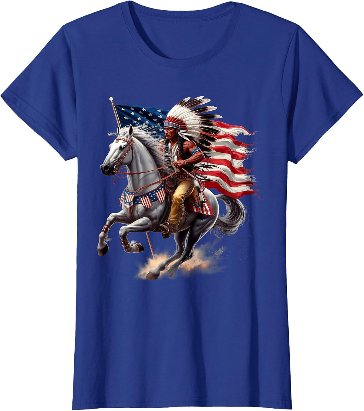 Native American Day US Flag Indian Riding Horse 4th of July T-Shirt - Royal Blue
