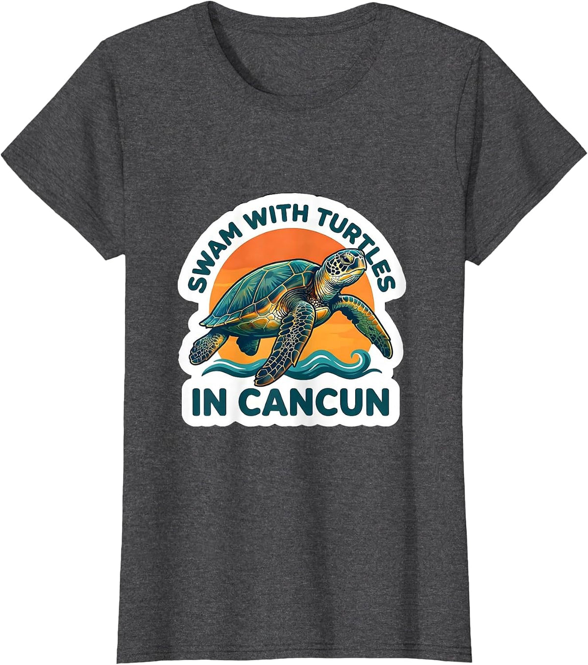 Women's Swam With Turtles In Cancun Sticker Style Tropical Souvenir T-Shirt - Dark Heather Grey