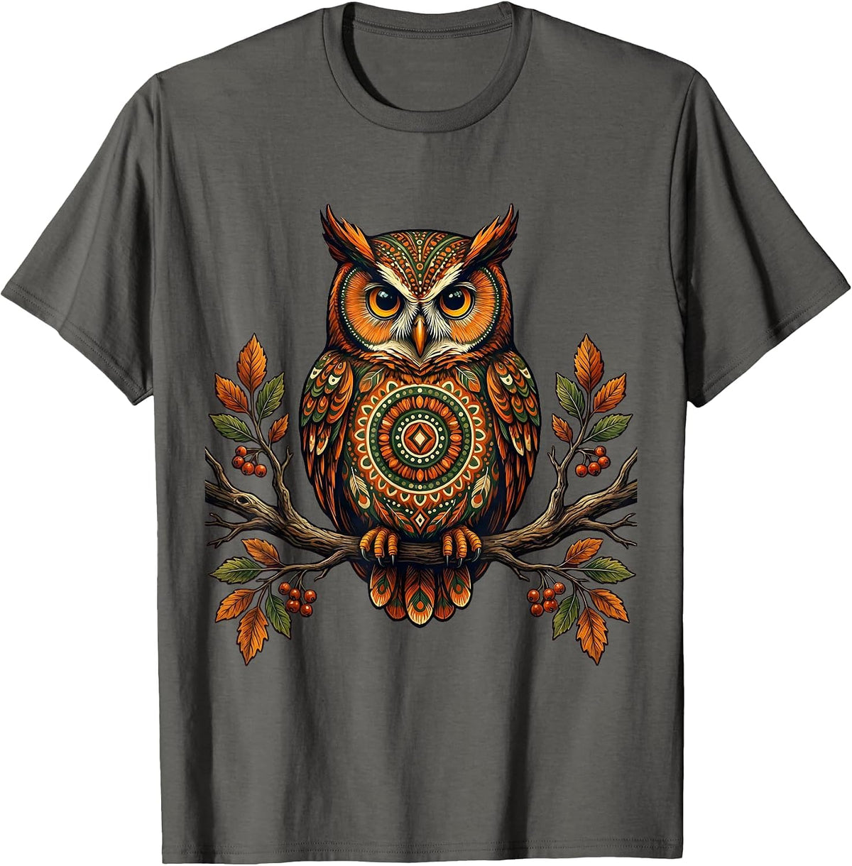 Men's Autumn Owl Perched on Bare Branch Fall Design T-Shirt - Asphalt Grey