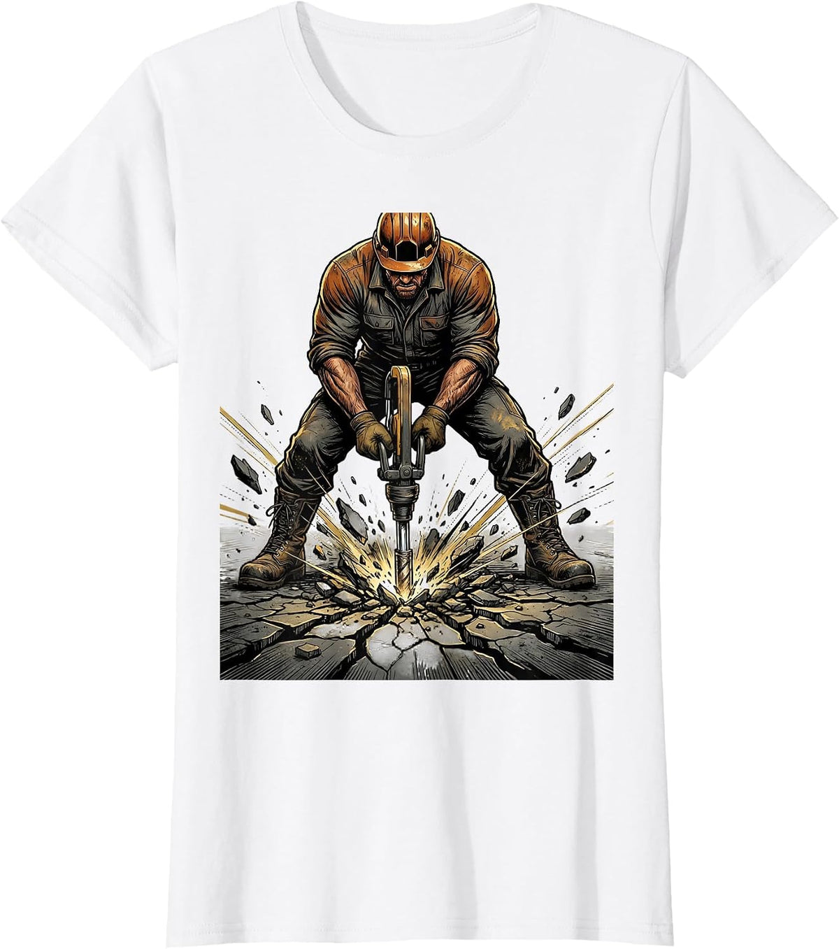 Jackhammer Cracked Pavement Blue Collar Graphic T-Shirt - White