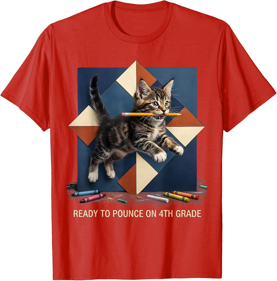 Men's Ready To Pounce On 4th Grade Cute Cat Kitten Back To School T-Shirt - Red