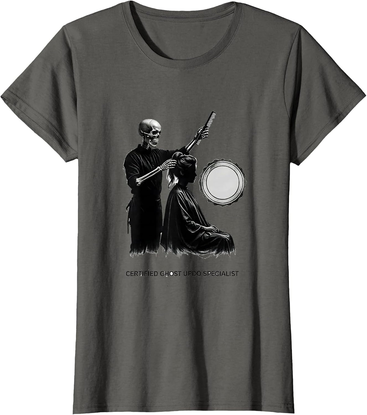 Women's Certified Ghost Updo Specialist Minimalist Skeleton T-Shirt - Asphalt Grey