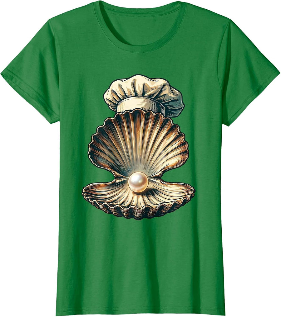 Women's Chef Hat Clam Shell Pearl Graphic Design T-Shirt - Kelly Green