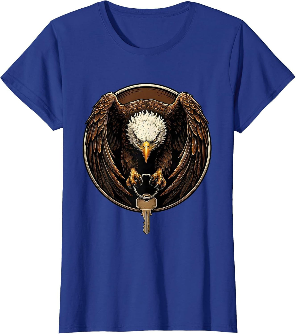 Women's Bald Eagle Motorcycle Keys Graphic Design T-Shirt - Royal Blue