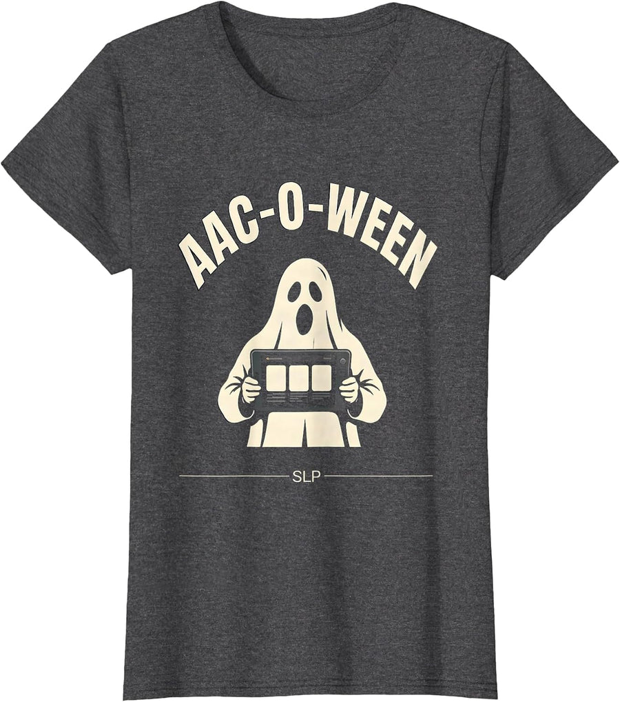 Women's AAC-O-Ween SLP Speech Language Pathology Halloween Therapist T-Shirt - Dark Heather Grey