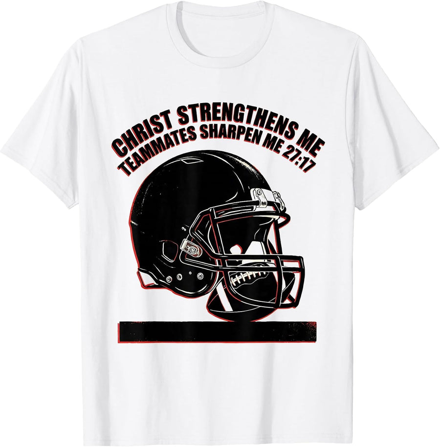 Men's Christ Strengthens Me Teammates Sharpen Me 27:17 Football T-Shirt - White