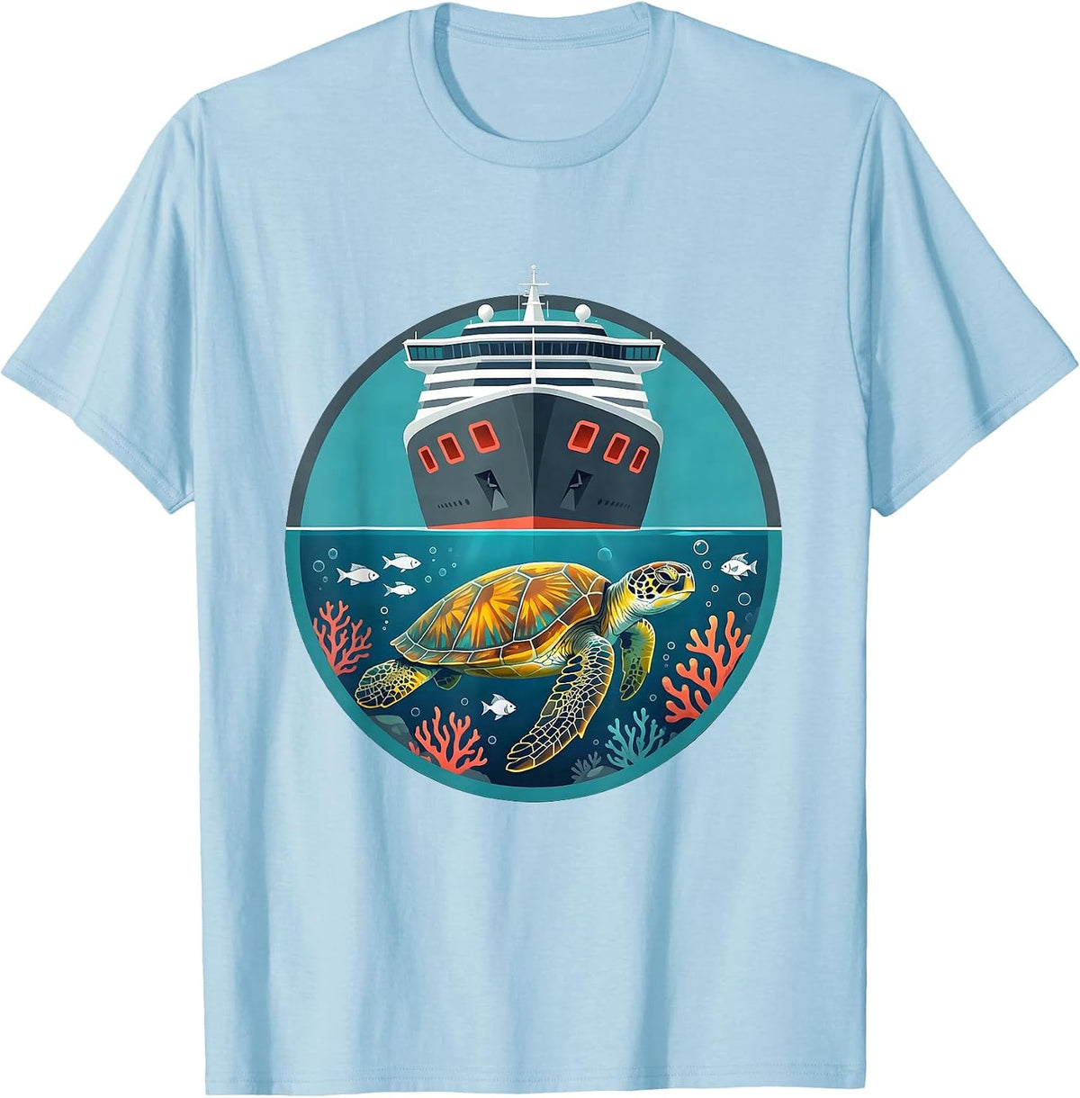 Men's Family Cruise Sea Turtle Under Ship Hull T-Shirt - Baby Blue