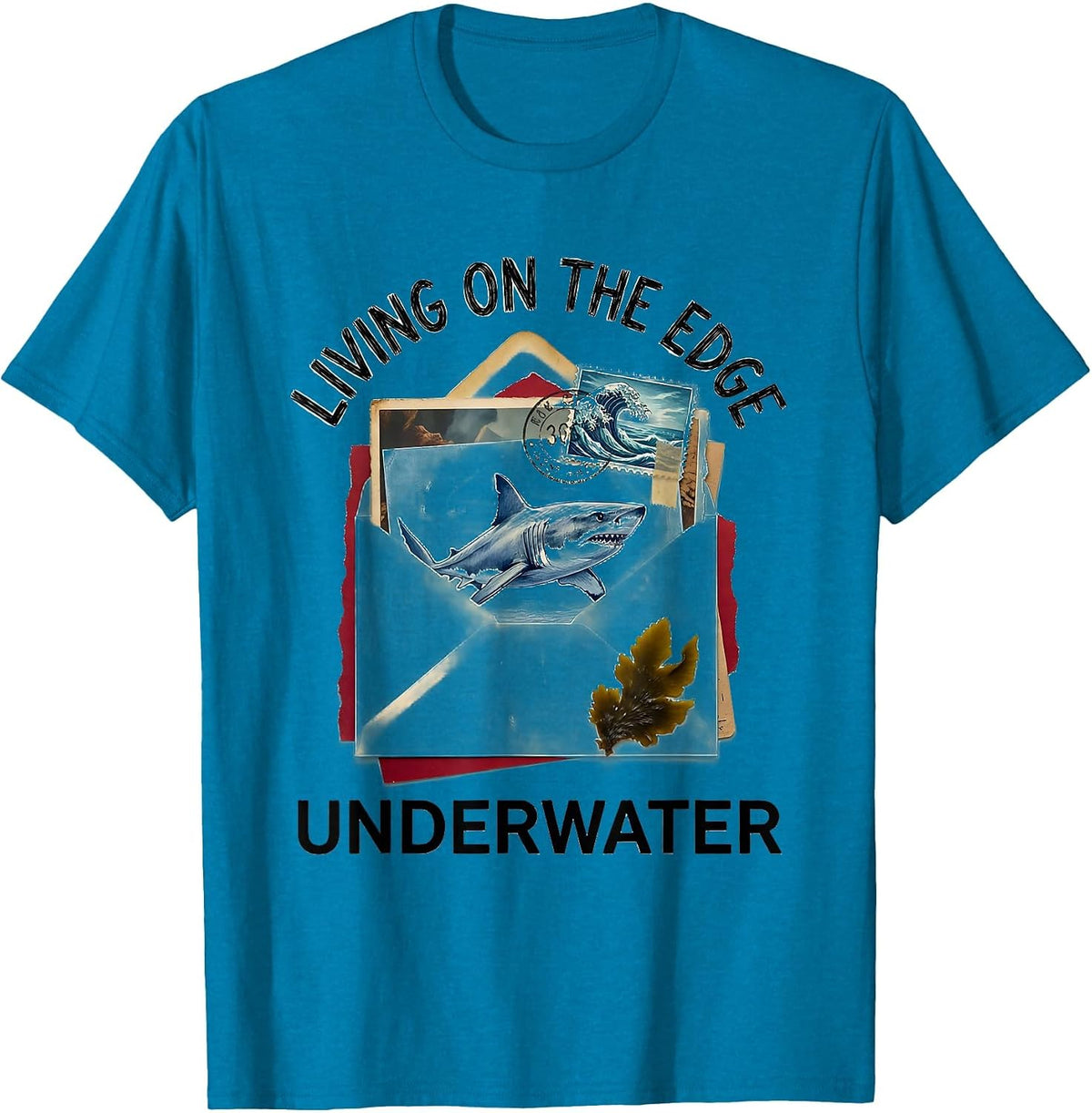 Living On The Edge Underwater Shark Design T-Shirt - Sapphire Blue