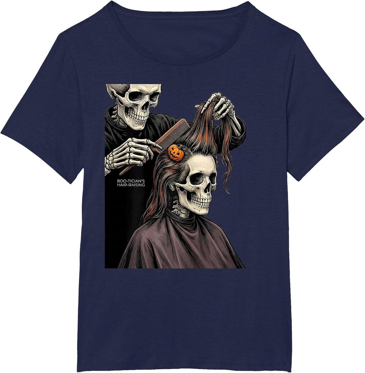 Women's Boo-tician's Hair-Raising Funny Skeleton Hairdresser T-Shirt - Navy Blue