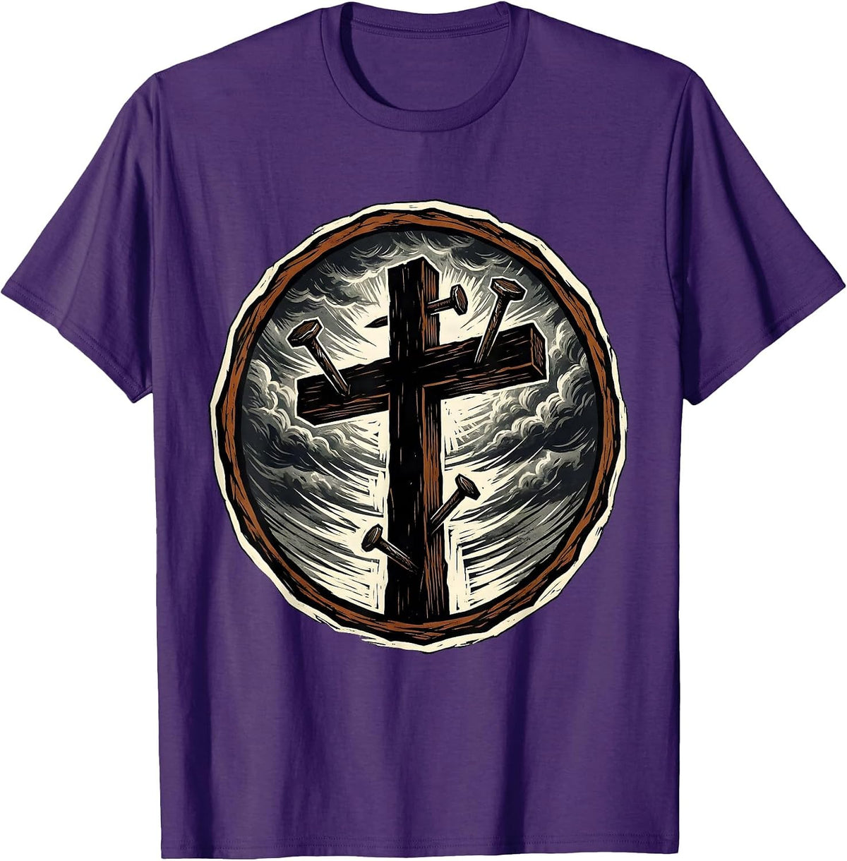 Men's Three Nails Cross Stormy Sky Graphic Design T-Shirt - Purple
