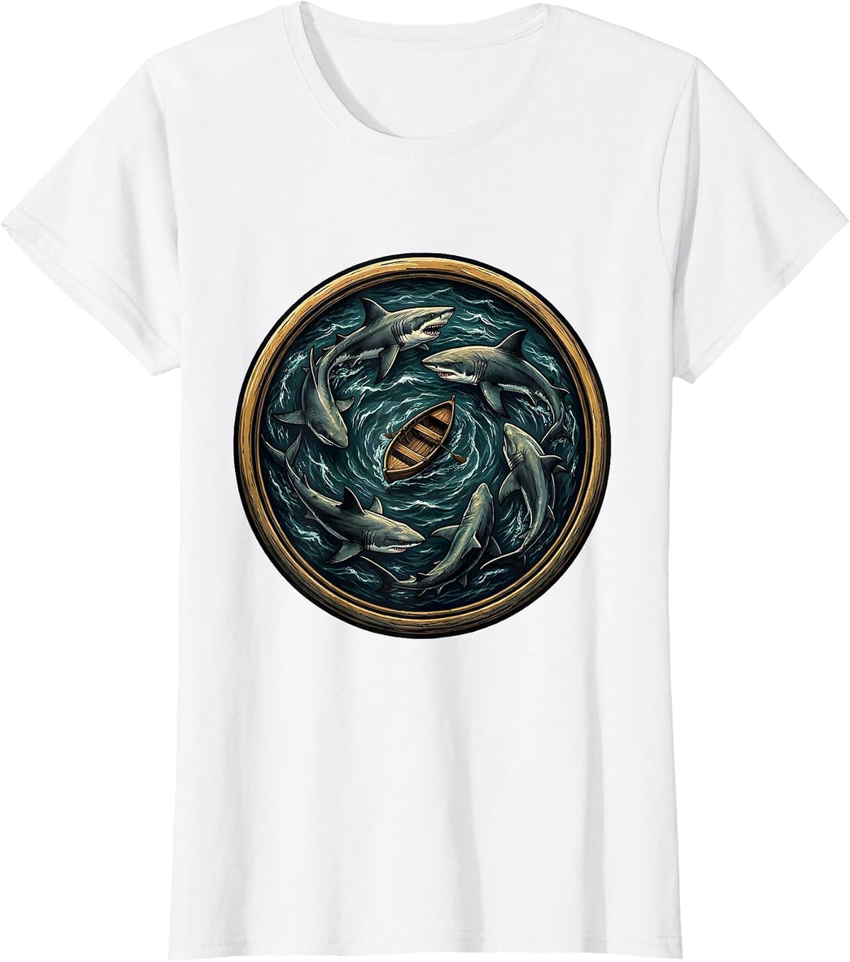 Pack of Sharks Circling a Boat Graphic T-Shirt - White