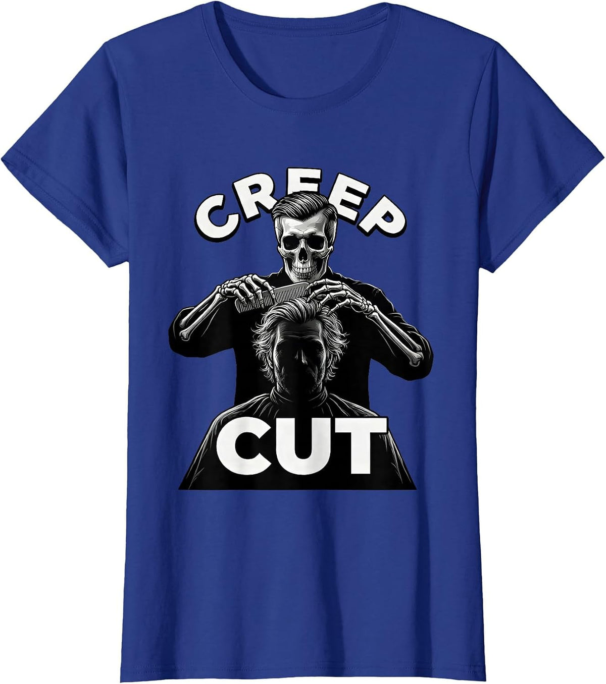 Women's Creep Cut Skeleton Hairstylist Halloween Barber Humor T-Shirt - Royal Blue